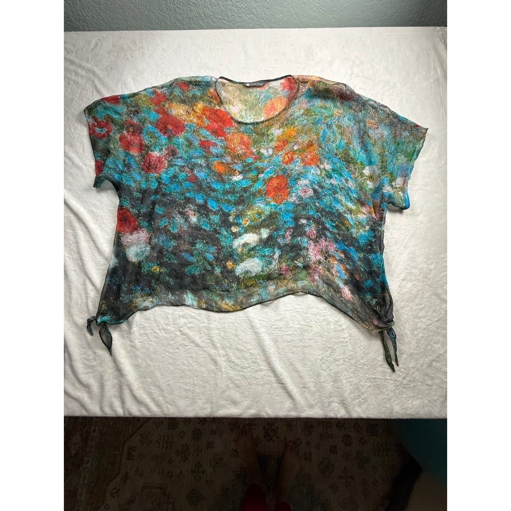 Cocoon House Sheer Silk Impressionist Floral Blouse Oversized Side Tie Top L/XL